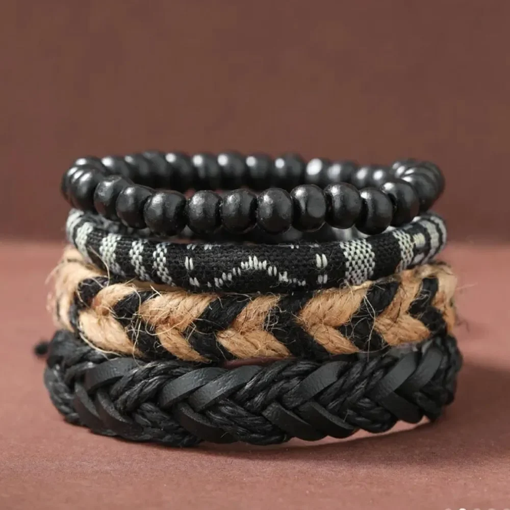 4 men's bracelets leather beaded layered beaded black brown‎ new e10
